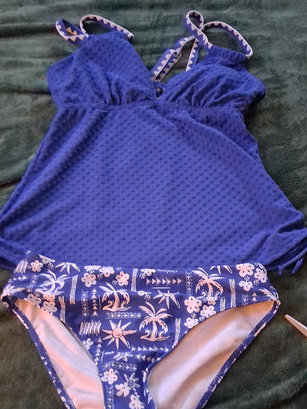 Blue Two-Piece Swim Tankini Set with Patterned Bottoms